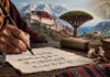 آخر الكلمات.. ماذا يموت حين تموت لغة؟ يد مسنّة تكتب بلغة تقليدية على مخطوط قديم في مشهد يرمز إلى حفظ اللغات المهددة والذاكرة الثقافية