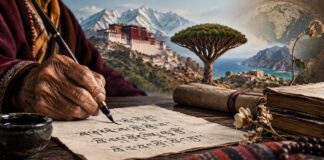 آخر الكلمات.. ماذا يموت حين تموت لغة؟ يد مسنّة تكتب بلغة تقليدية على مخطوط قديم في مشهد يرمز إلى حفظ اللغات المهددة والذاكرة الثقافية
