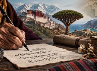 آخر الكلمات.. ماذا يموت حين تموت لغة؟ يد مسنّة تكتب بلغة تقليدية على مخطوط قديم في مشهد يرمز إلى حفظ اللغات المهددة والذاكرة الثقافية
