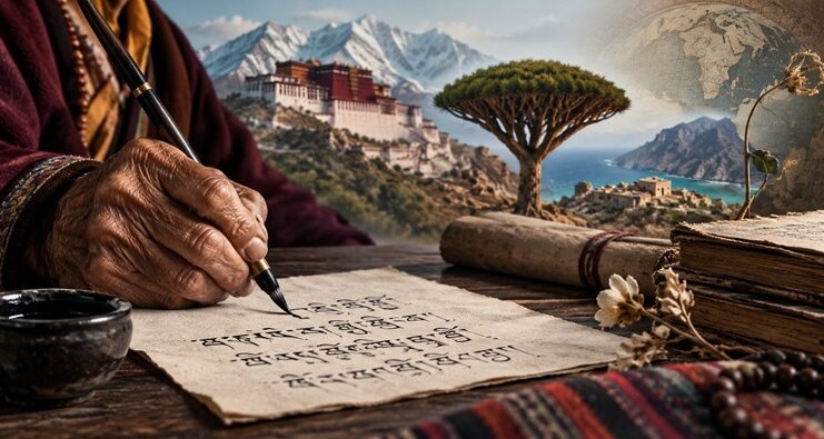 آخر الكلمات.. ماذا يموت حين تموت لغة؟ يد مسنّة تكتب بلغة تقليدية على مخطوط قديم في مشهد يرمز إلى حفظ اللغات المهددة والذاكرة الثقافية