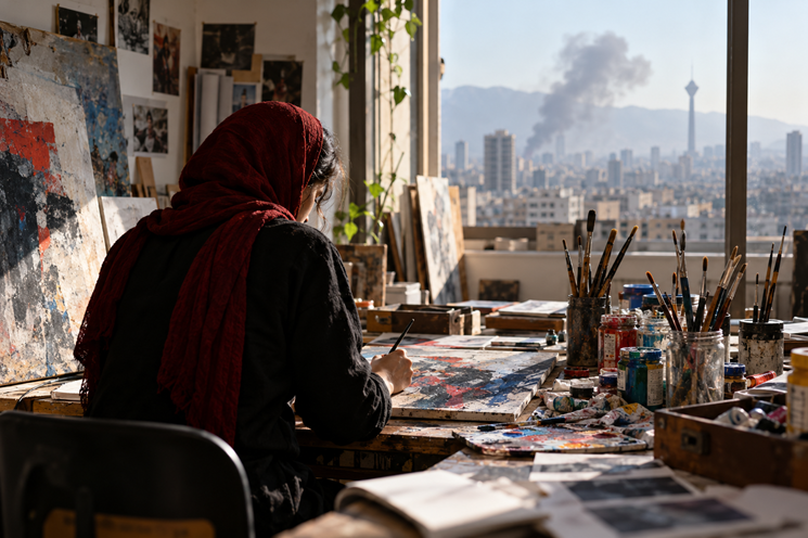 صورة توضيحية لفنانة تعمل على لوحة داخل مرسم مليء بالألوان والفرش، وتظهر مدينة خلف النافذة